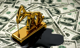 Golden Pumpjack And Spilled Oil On The Money. 3D Scene.
